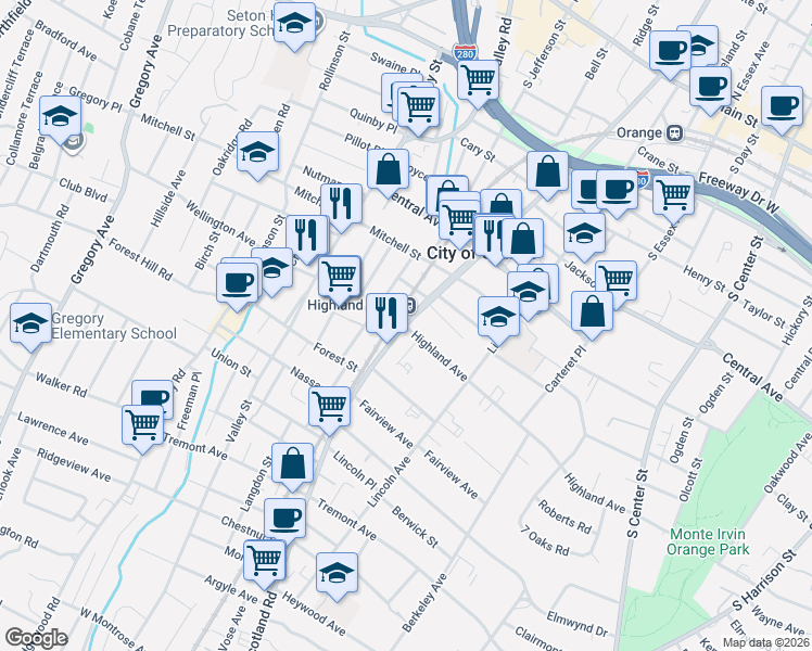map of restaurants, bars, coffee shops, grocery stores, and more near 350 Scotland Road in City of Orange
