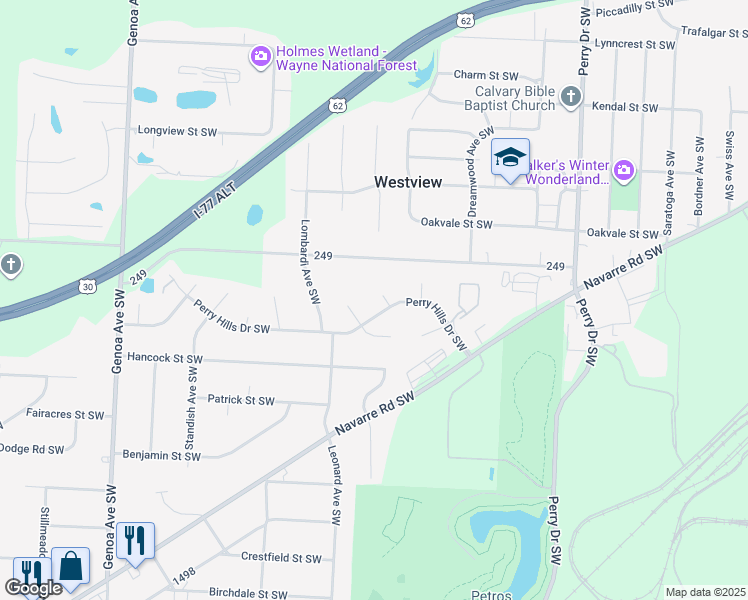 map of restaurants, bars, coffee shops, grocery stores, and more near 5484 Perry Hills Drive Southwest in Canton