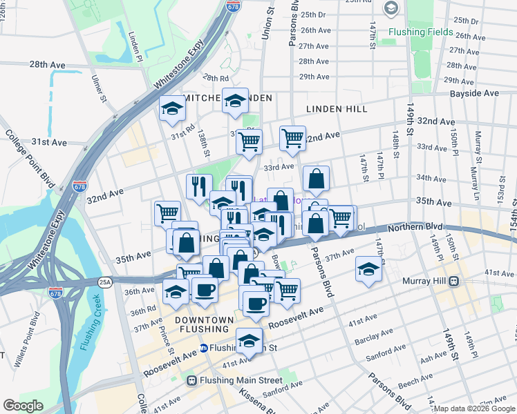 map of restaurants, bars, coffee shops, grocery stores, and more near 140-16 34th Avenue in Queens