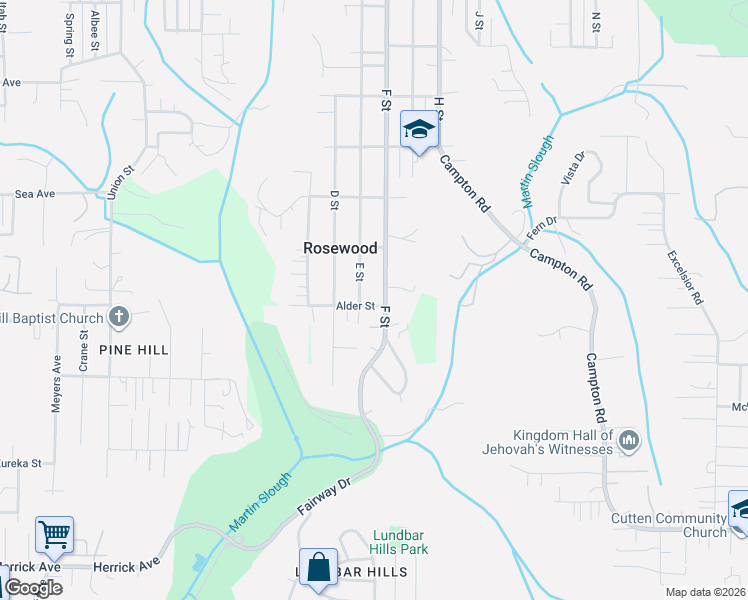 map of restaurants, bars, coffee shops, grocery stores, and more near 4260 F Street in Eureka