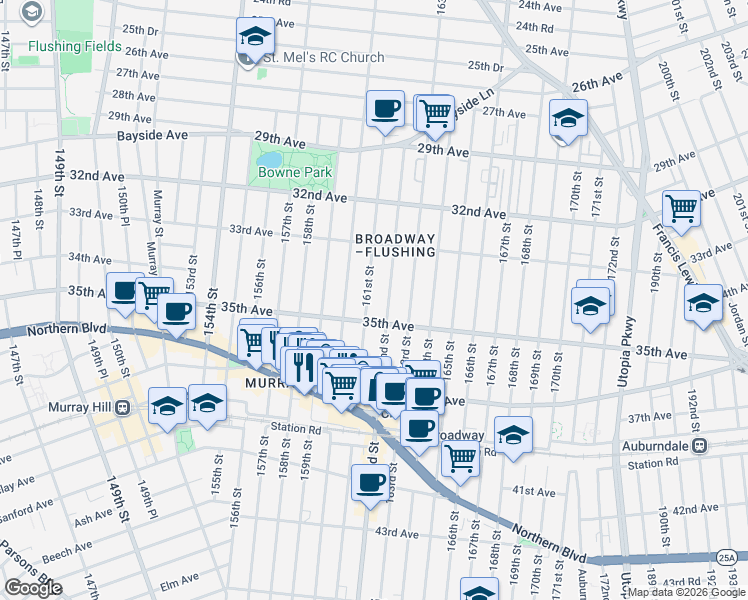 map of restaurants, bars, coffee shops, grocery stores, and more near 160-14 35th Avenue in Queens