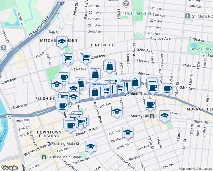 map of restaurants, bars, coffee shops, grocery stores, and more near 35-20 146th Street in Queens