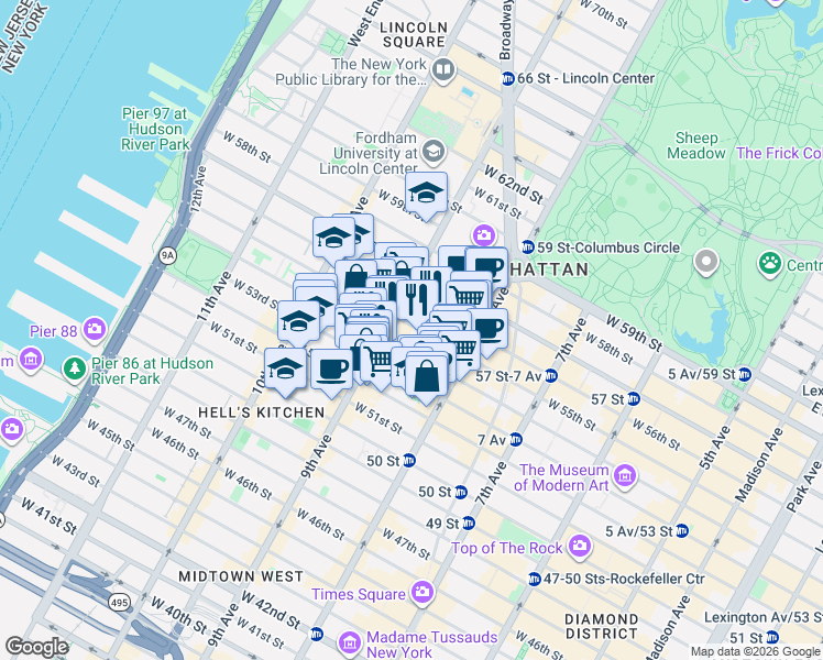 map of restaurants, bars, coffee shops, grocery stores, and more near 345 West 53rd Street in New York