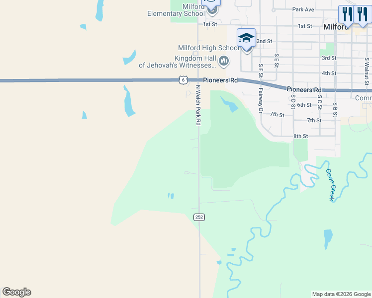 map of restaurants, bars, coffee shops, grocery stores, and more near 569 252nd in Milford