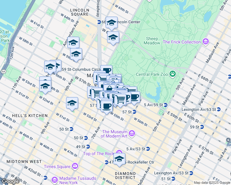 map of restaurants, bars, coffee shops, grocery stores, and more near 200 West 58th Street in New York