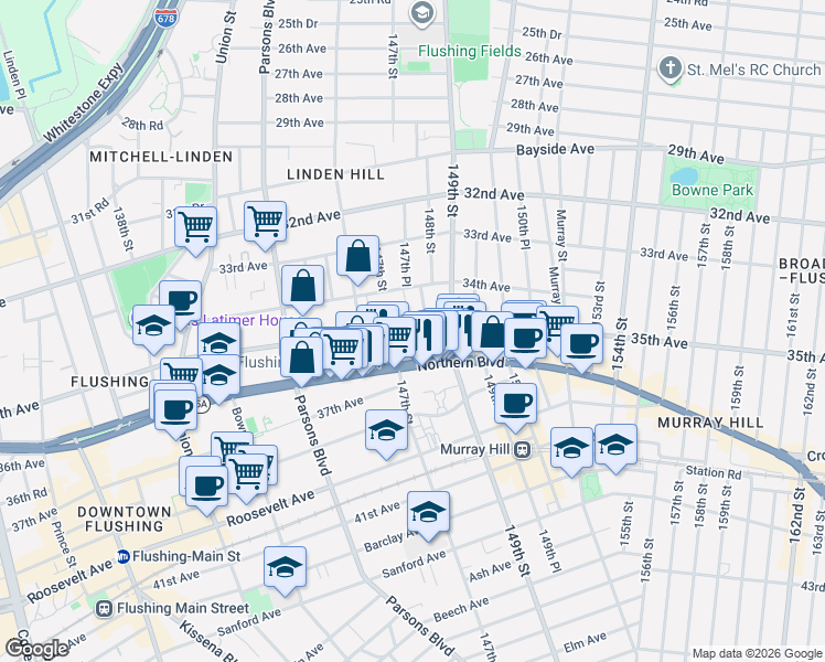 map of restaurants, bars, coffee shops, grocery stores, and more near 146-25 Northern Boulevard in Queens