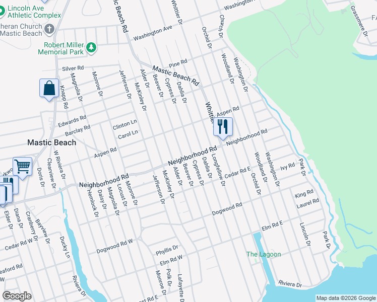 map of restaurants, bars, coffee shops, grocery stores, and more near 146 Cypress Drive in Mastic Beach