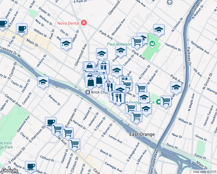 map of restaurants, bars, coffee shops, grocery stores, and more near 508 Main Street in East Orange