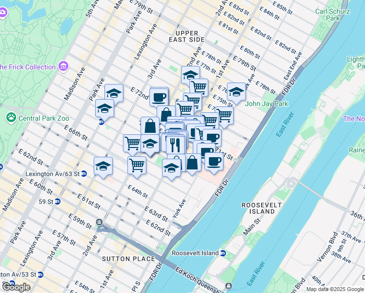 map of restaurants, bars, coffee shops, grocery stores, and more near 400 East 69th Street in New York
