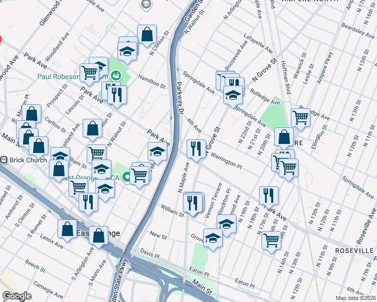 map of restaurants, bars, coffee shops, grocery stores, and more near 233 North Maple Avenue in East Orange