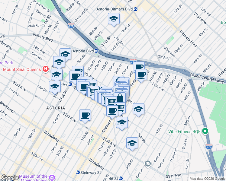 map of restaurants, bars, coffee shops, grocery stores, and more near 28th Avenue in Queens
