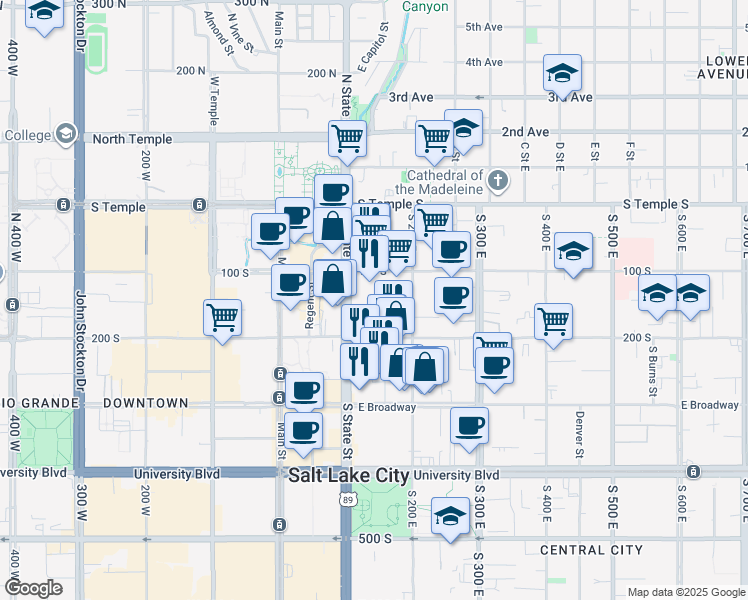map of restaurants, bars, coffee shops, grocery stores, and more near in Salt Lake City