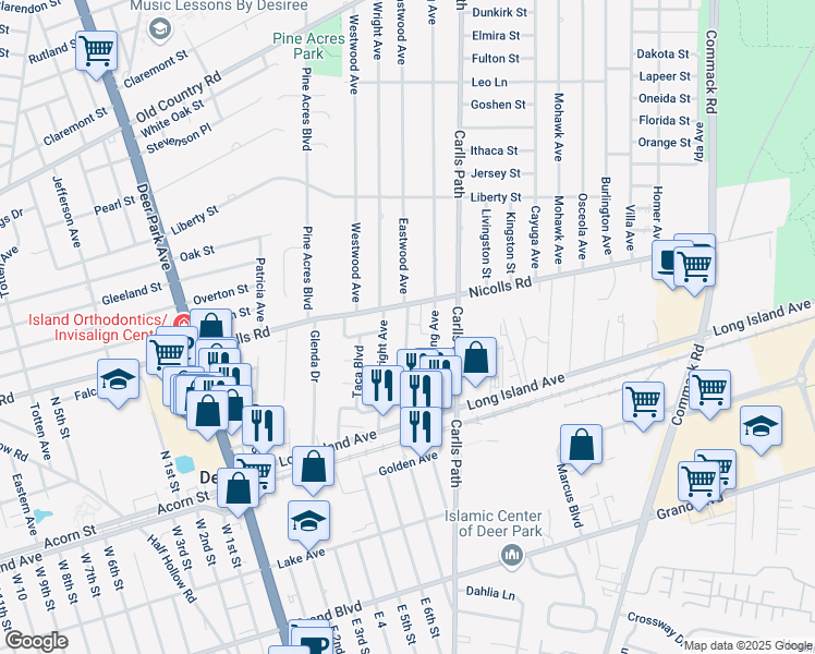 map of restaurants, bars, coffee shops, grocery stores, and more near 67 Eastwood Avenue in Deer Park