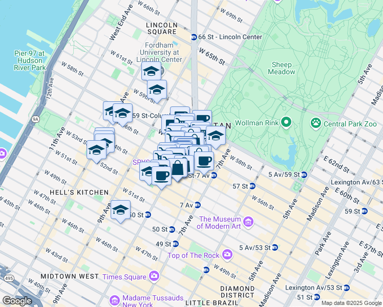 map of restaurants, bars, coffee shops, grocery stores, and more near 250 West 57th Street in New York