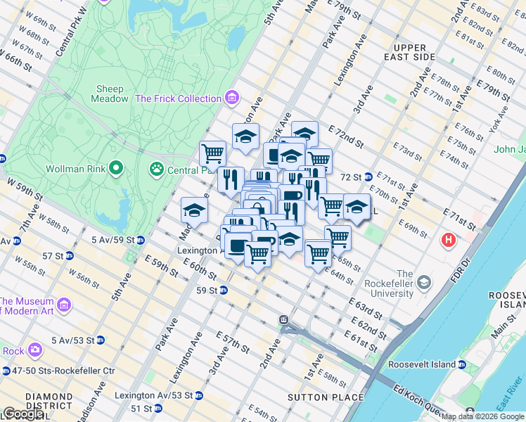 map of restaurants, bars, coffee shops, grocery stores, and more near 140 East 65th Street in New York