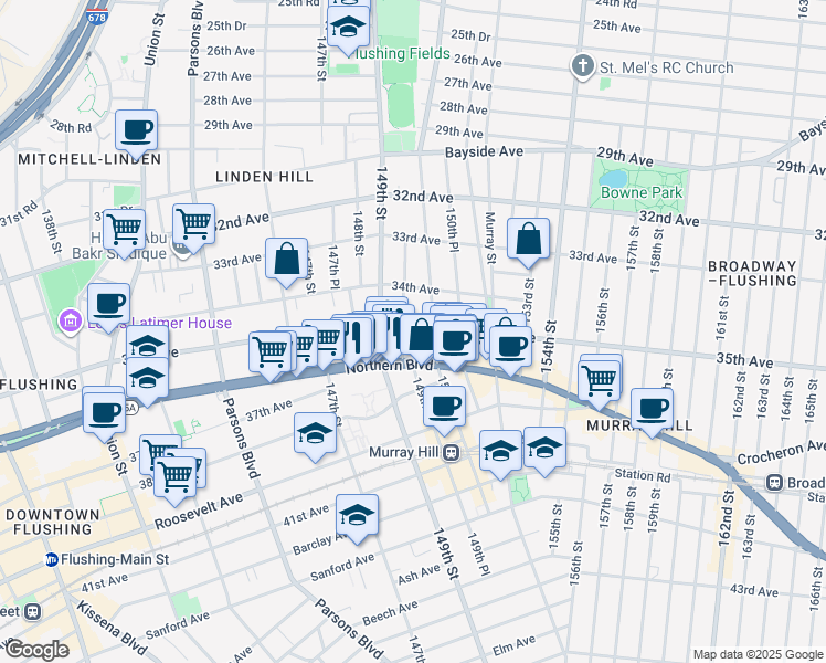map of restaurants, bars, coffee shops, grocery stores, and more near 34-13 149th Place in Queens