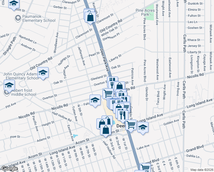 map of restaurants, bars, coffee shops, grocery stores, and more near 55 Overton Street in Deer Park