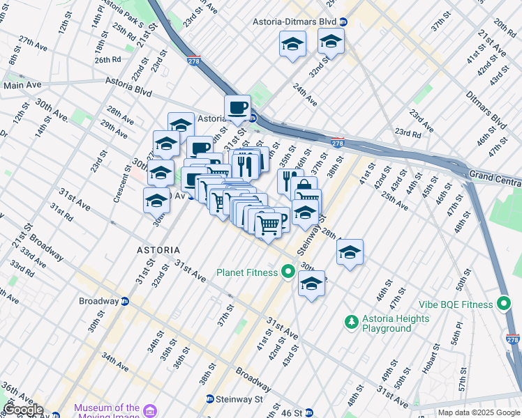 map of restaurants, bars, coffee shops, grocery stores, and more near 28-8 35th Street in Queens