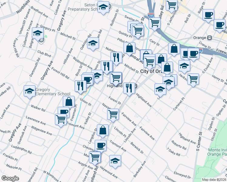 map of restaurants, bars, coffee shops, grocery stores, and more near 606 Freeman Street in City of Orange