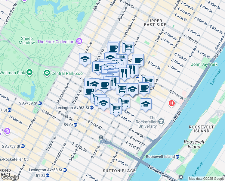 map of restaurants, bars, coffee shops, grocery stores, and more near 220 East 67th Street in New York