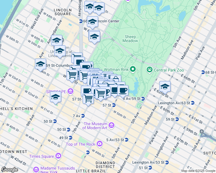 map of restaurants, bars, coffee shops, grocery stores, and more near 154 Central Park South in New York