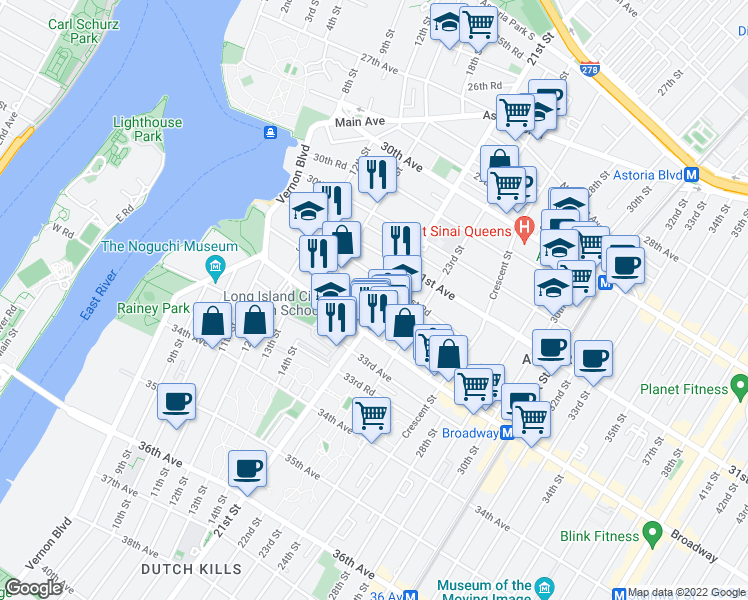 map of restaurants, bars, coffee shops, grocery stores, and more near 31st Drive in Queens