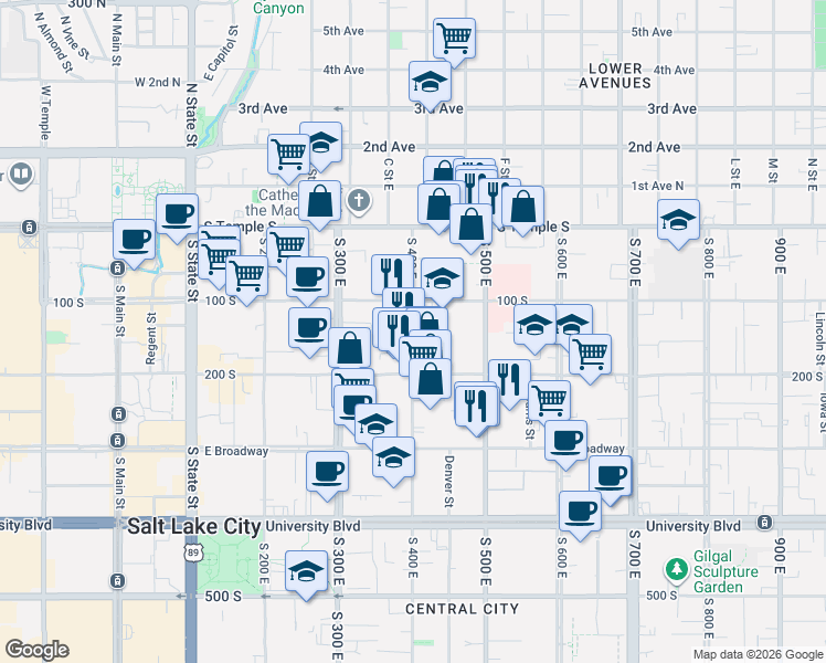 map of restaurants, bars, coffee shops, grocery stores, and more near 133 S 400 E in Salt Lake City