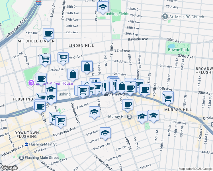 map of restaurants, bars, coffee shops, grocery stores, and more near 34-15 148th Street in Queens