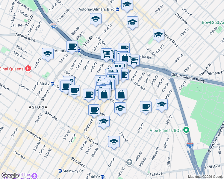 map of restaurants, bars, coffee shops, grocery stores, and more near 21-81 Steinway Street in Queens