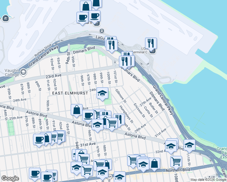 map of restaurants, bars, coffee shops, grocery stores, and more near 23-65 101st Street in Queens