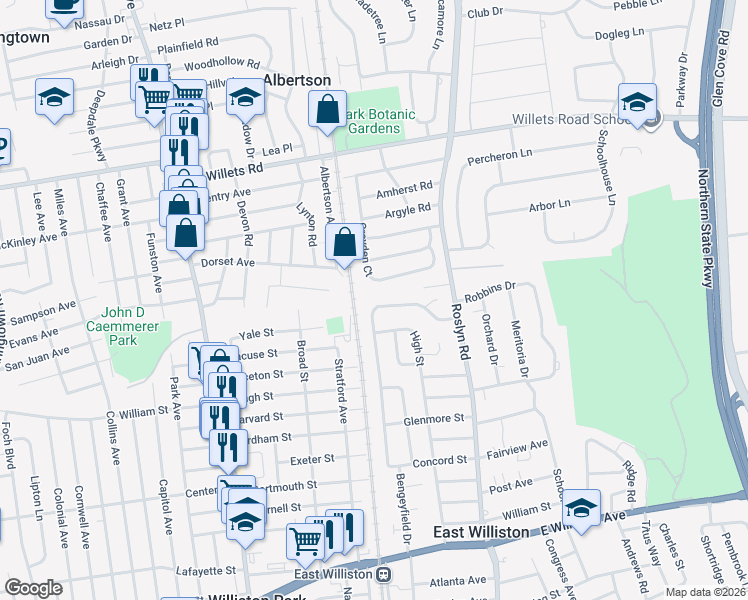 map of restaurants, bars, coffee shops, grocery stores, and more near 97 Croyden Court in Albertson