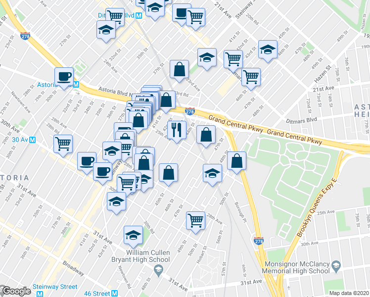 map of restaurants, bars, coffee shops, grocery stores, and more near 25th Avenue in Queens