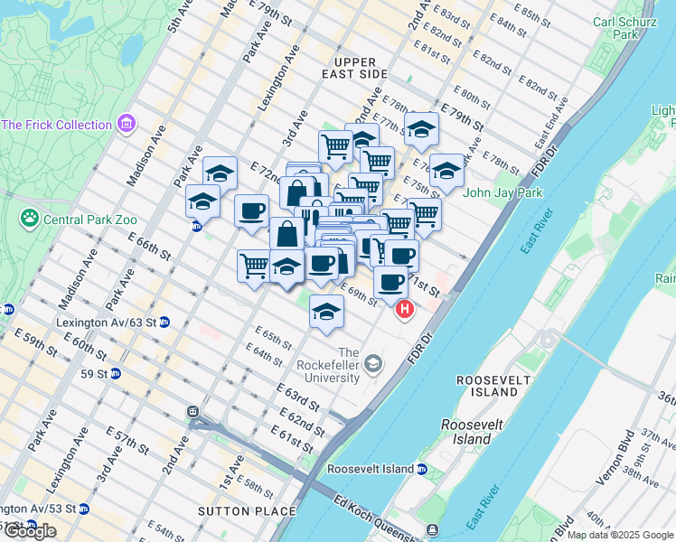 map of restaurants, bars, coffee shops, grocery stores, and more near 333 East 70th Street in New York