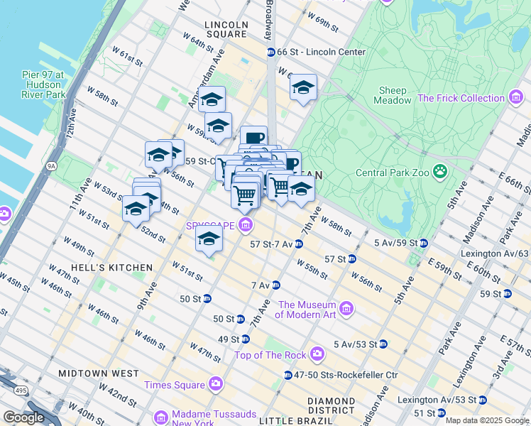 map of restaurants, bars, coffee shops, grocery stores, and more near 250 West 57th Street in New York