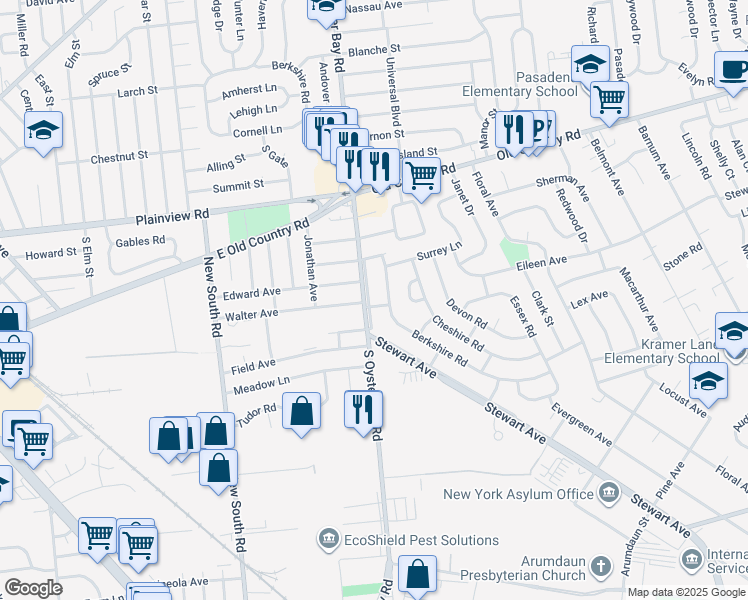 map of restaurants, bars, coffee shops, grocery stores, and more near 8 Berkshire Road in Bethpage
