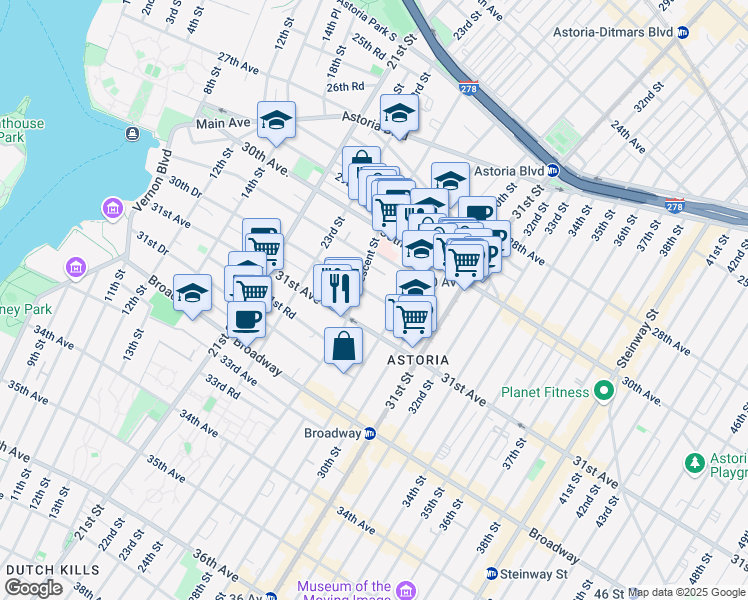 map of restaurants, bars, coffee shops, grocery stores, and more near 2367 30th Drive in Queens