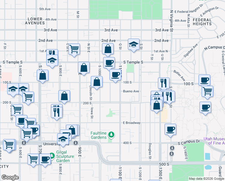map of restaurants, bars, coffee shops, grocery stores, and more near 1046 East 100 South in Salt Lake City