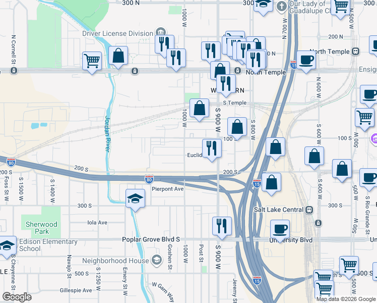 map of restaurants, bars, coffee shops, grocery stores, and more near 117 1000 West in Salt Lake City