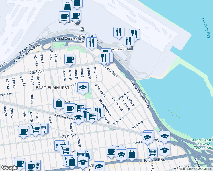 map of restaurants, bars, coffee shops, grocery stores, and more near 104-04 Ditmars Boulevard in Queens