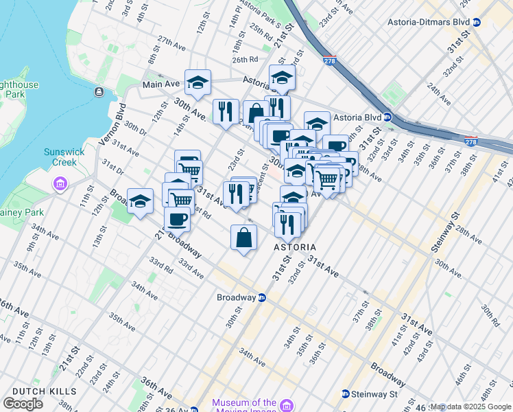 map of restaurants, bars, coffee shops, grocery stores, and more near 30-83 Crescent Street in Queens