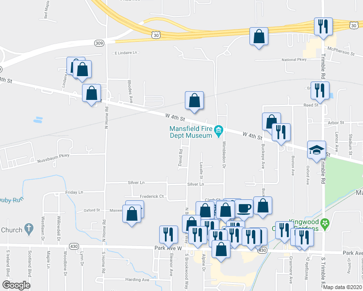 map of restaurants, bars, coffee shops, grocery stores, and more near David Road in Mansfield