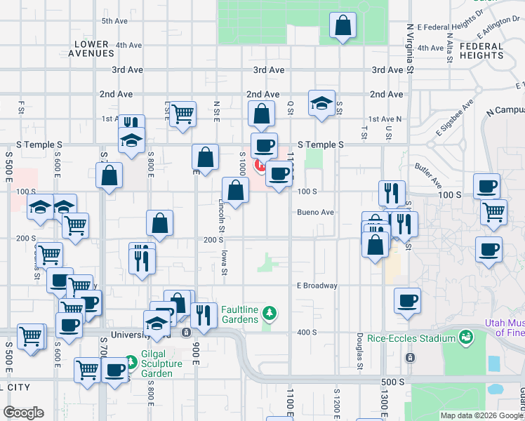 map of restaurants, bars, coffee shops, grocery stores, and more near 1046 East 100 South in Salt Lake City