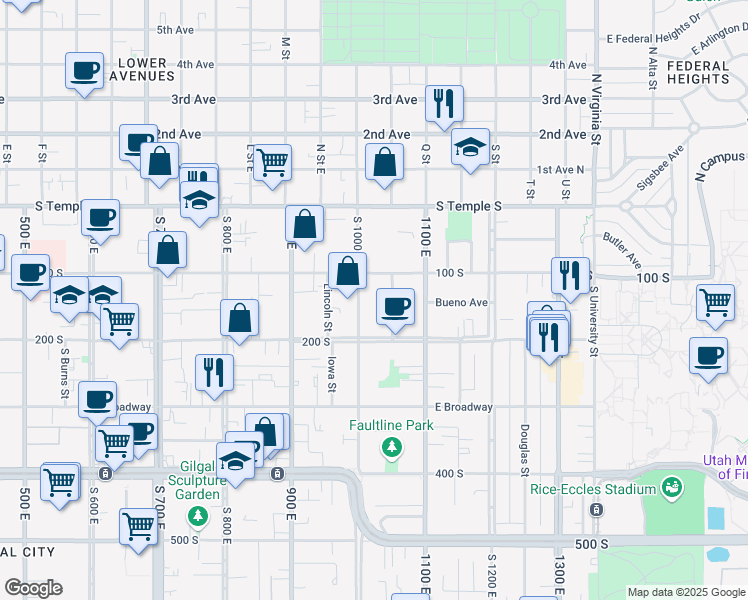 map of restaurants, bars, coffee shops, grocery stores, and more near 175 South 1000 East in Salt Lake City
