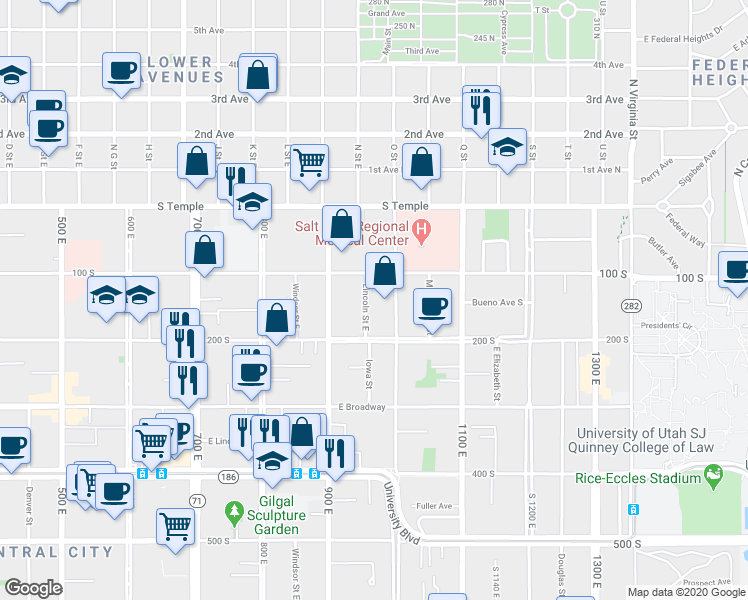 map of restaurants, bars, coffee shops, grocery stores, and more near 104 Lincoln Street East in Salt Lake City