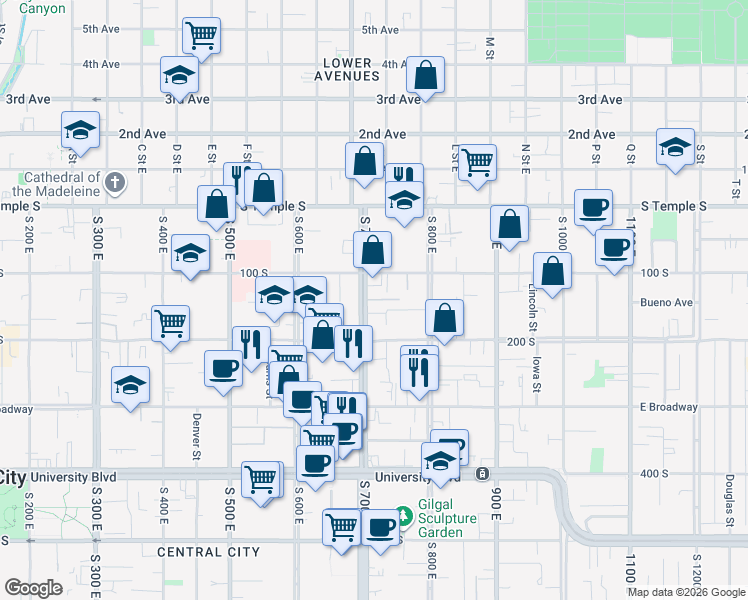 map of restaurants, bars, coffee shops, grocery stores, and more near 732 East 100 South in Salt Lake City