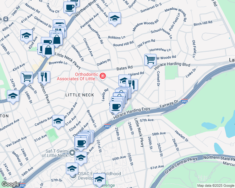 map of restaurants, bars, coffee shops, grocery stores, and more near 52-81 Little Neck Parkway in Queens