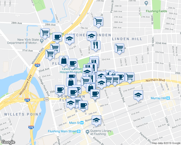 map of restaurants, bars, coffee shops, grocery stores, and more near 139-10 34th Avenue in Queens