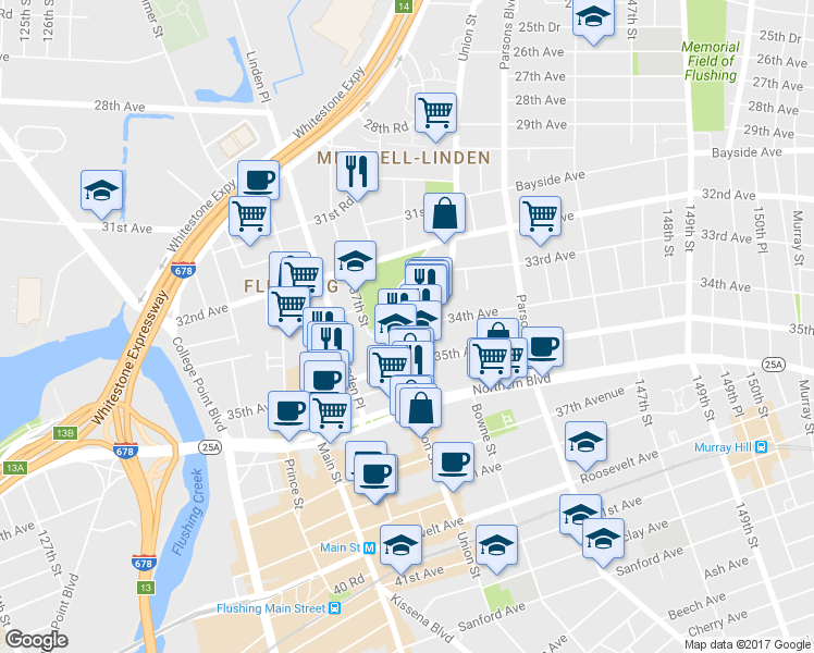 map of restaurants, bars, coffee shops, grocery stores, and more near 139-8 34th Road in Queens