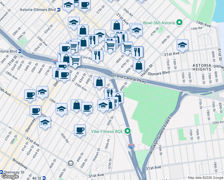 map of restaurants, bars, coffee shops, grocery stores, and more near 24-30 47th Street in Queens