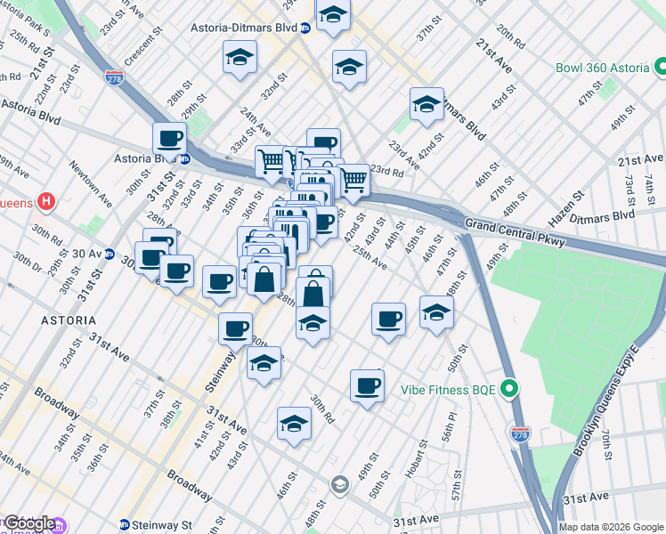 map of restaurants, bars, coffee shops, grocery stores, and more near 25-23 41st Street in Queens